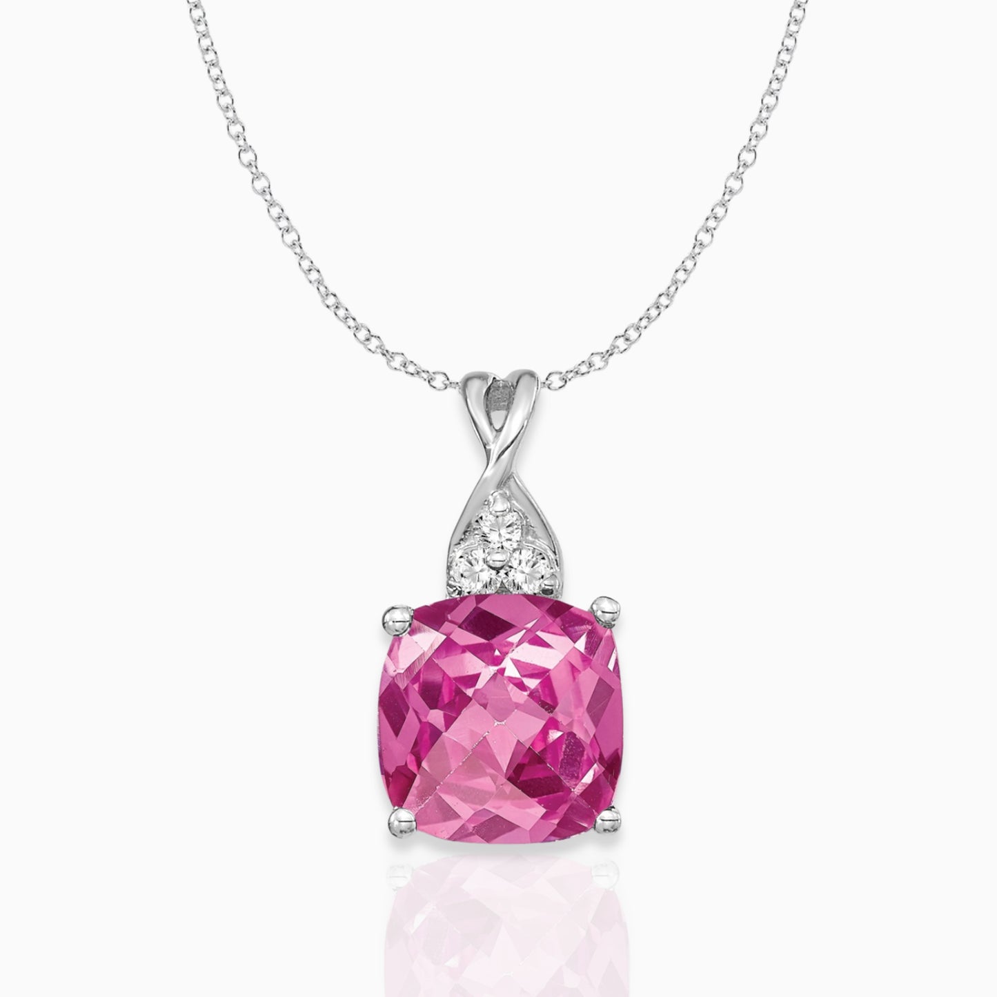 Cushion Created Pink Sapphire Birthstone Necklace 14k White Gold Birthstone Karat Designs