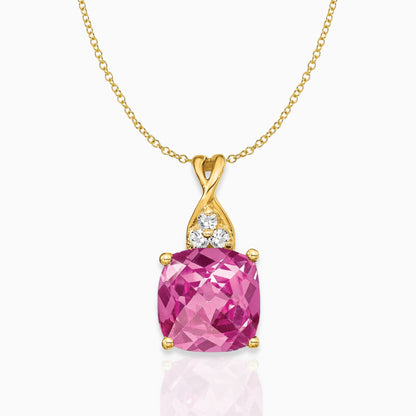 Cushion Created Pink Sapphire Birthstone Necklace 14k Yellow Gold Birthstone Karat Designs