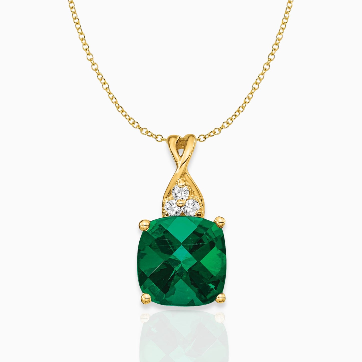 Cushion Created Emerald May Birthstone Necklace 14k Yellow Gold Birthstone Karat Designs