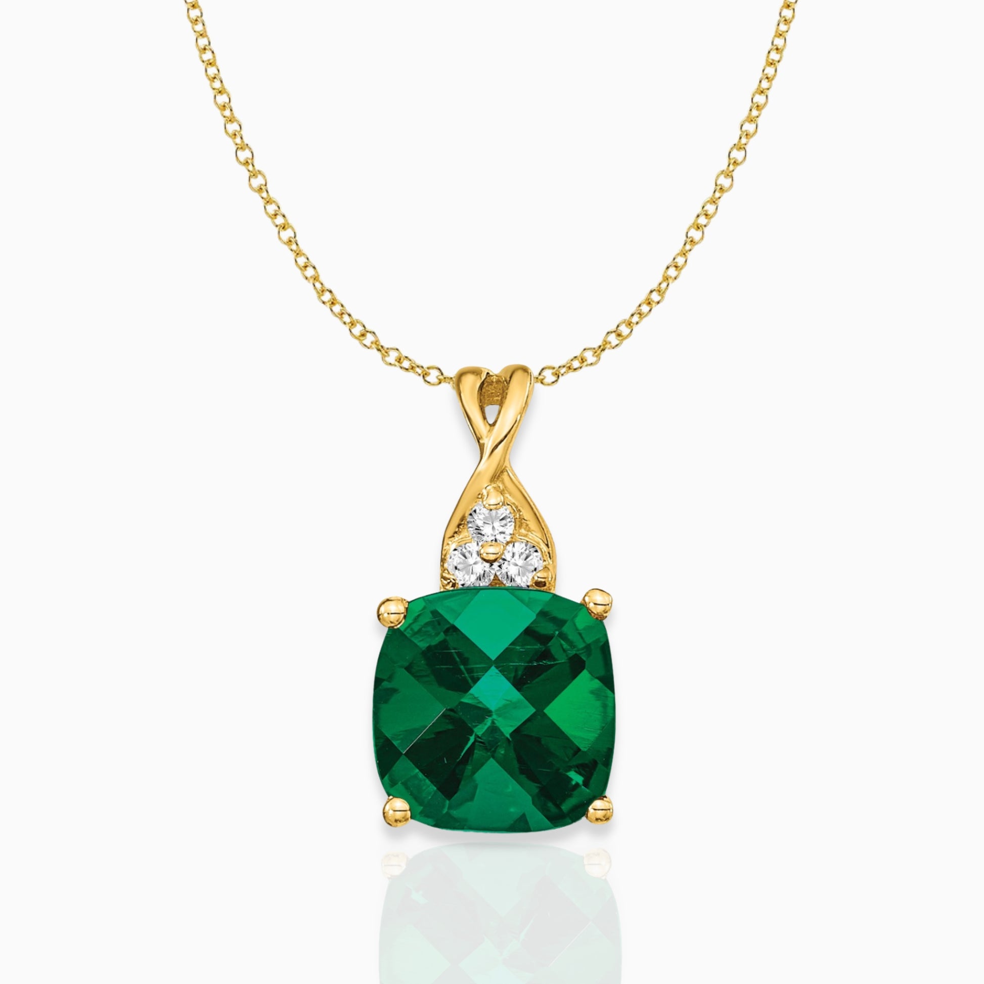 Cushion Created Emerald May Birthstone Necklace 14k Yellow Gold Birthstone Karat Designs