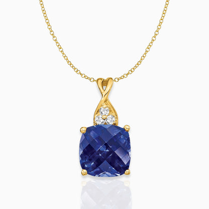 Cushion Created Sapphire September Birthstone Necklace 14k Yellow Gold Birthstone Karat Designs